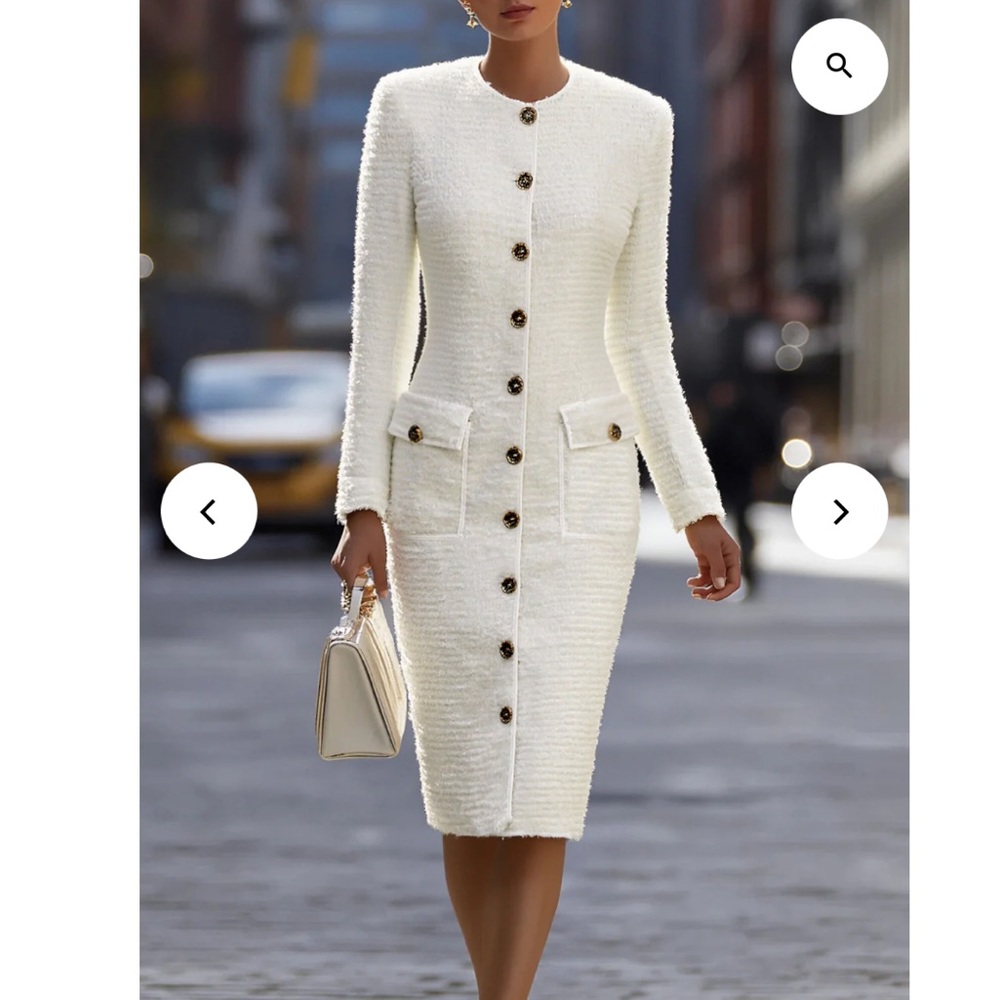 Mooyius Ivory Tweed Button-Down Midi Dress With Patch Pockets